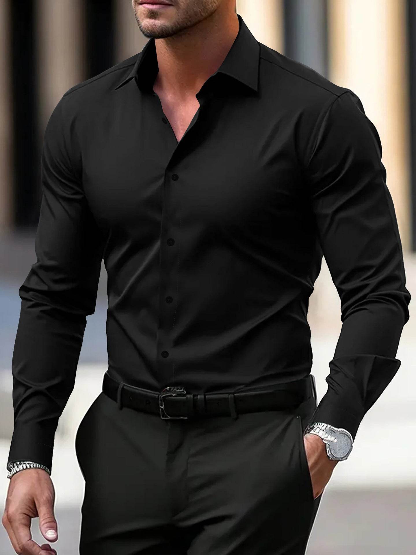 Men's Shirt Business Button Down Shirt Summer Solid Color Long Sleeve Lapel Vacation Shirt Fashion Temperament Casual Tops - terrifictrend