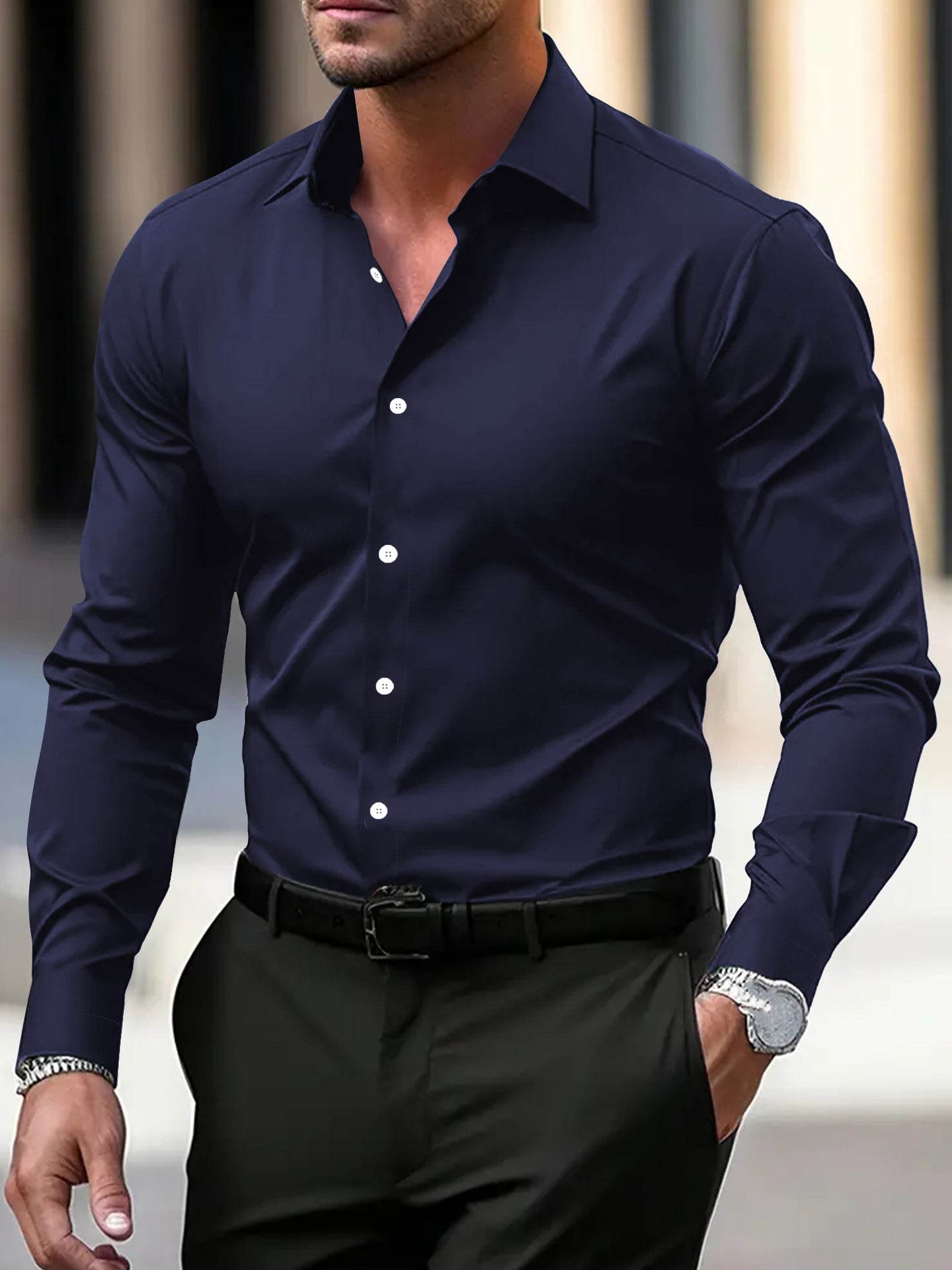 Men's Shirt Business Button Down Shirt Summer Solid Color Long Sleeve Lapel Vacation Shirt Fashion Temperament Casual Tops - terrifictrend