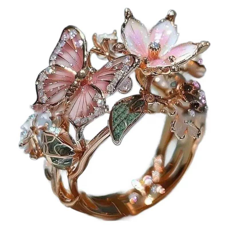 INS Flower Butterfly Ring With Rhinestones And Oil Dropping Design Fashion Personalized Jewelry For Women - terrifictrend