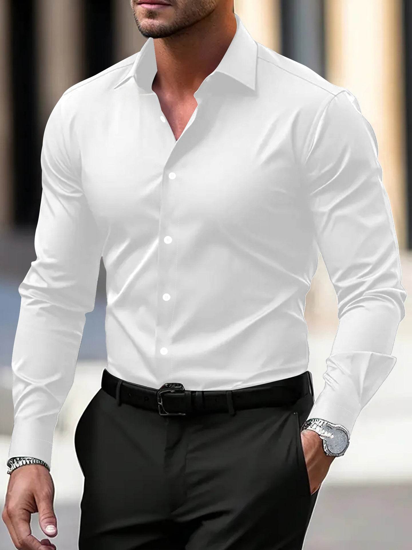 Men's Shirt Business Button Down Shirt Summer Solid Color Long Sleeve Lapel Vacation Shirt Fashion Temperament Casual Tops - terrifictrend