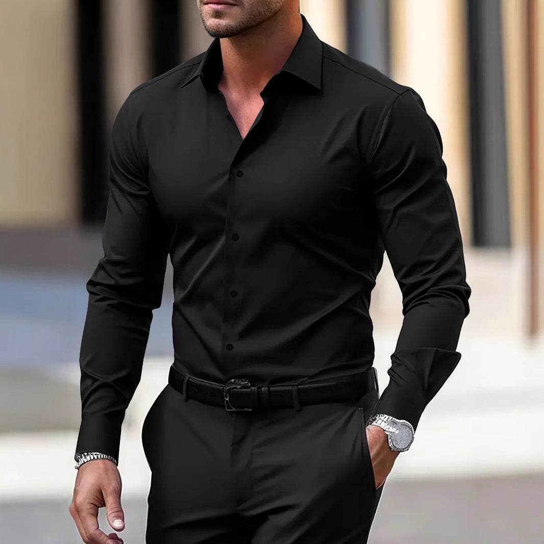 Men's Shirt Business Button Down Shirt Summer Solid Color Long Sleeve Lapel Vacation Shirt Fashion Temperament Casual Tops - terrifictrend