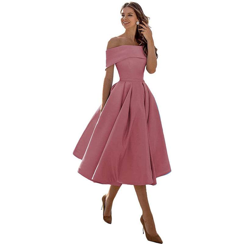 Women's Fashion Casual Strapless Satin Party Dress Off The Shoulder Tea Length Satin Prom Dresses With Pockts Formal Evening Party Dress - terrifictrend