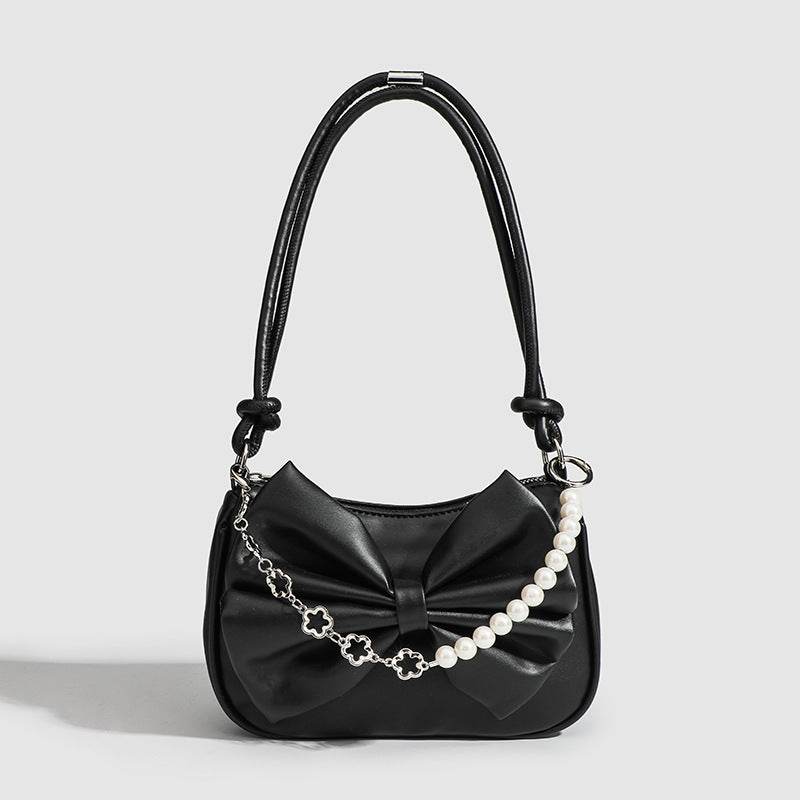 Black White PU Bow Handbags Autumn Winter Ladies Underarm Tote Bags Fashion Simple Pearl Chain Shoulder Bag Small Purse - terrifictrend