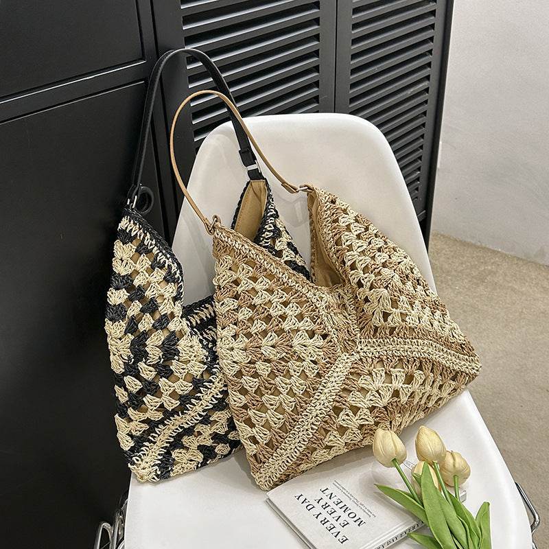 Women's Fashion Handmade Straw Woven Hollow Contrast Color Weave Shoulder Bag - terrifictrend