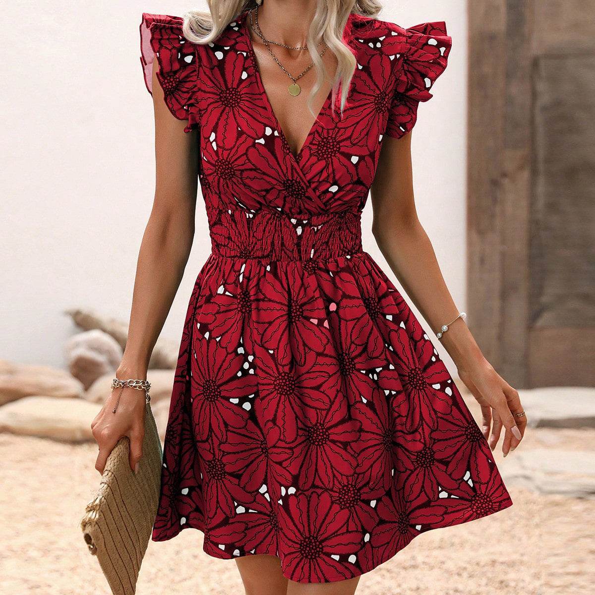 New Flowers Print Ruffled Sleeveless Dress Summer Sexy Deep V-neck Slim-waist Short Dresses For Womens Clothing - terrifictrend