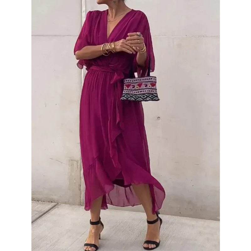 Batwing Sleeve V-neck Dress Summer Pure Color Tied Irregular Long Dresses Womens Clothing - terrifictrend