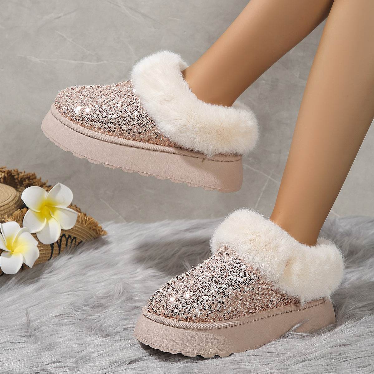 Fashion Sequined Thick-soled Plush Shoes Winter Indoor And Outdoor Casual Warm Slippers Women Garden House Shoes - terrifictrend