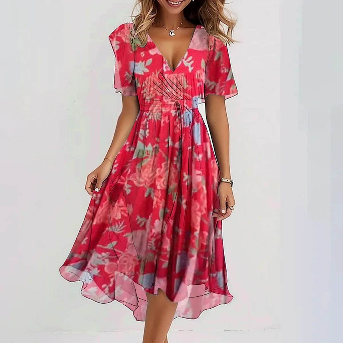 Chiffon Printed Short Sleeve Dress Summer Elegant V-neck Dresses Womens Clothing - terrifictrend