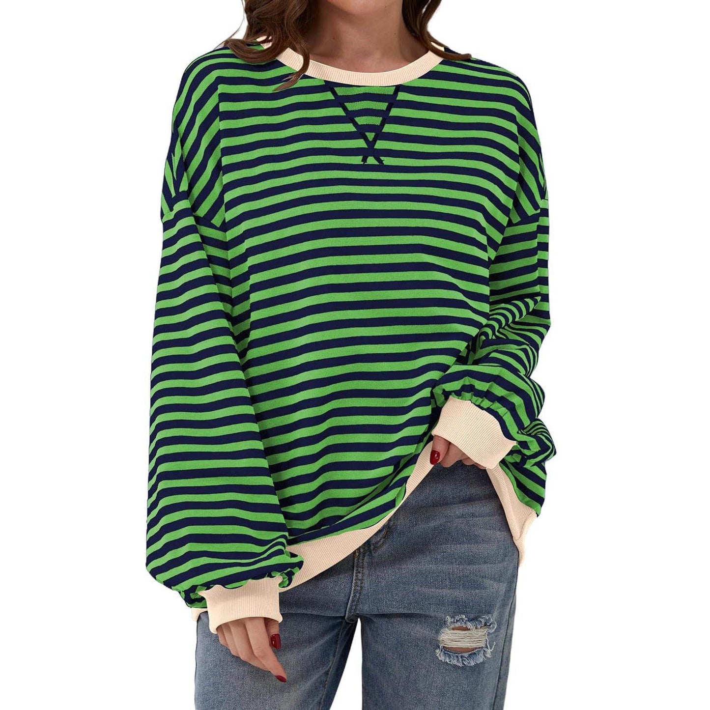 Loose Striped Long Sleeve T-shirt Casual Pullover Sweater For Womens Clothing - terrifictrend