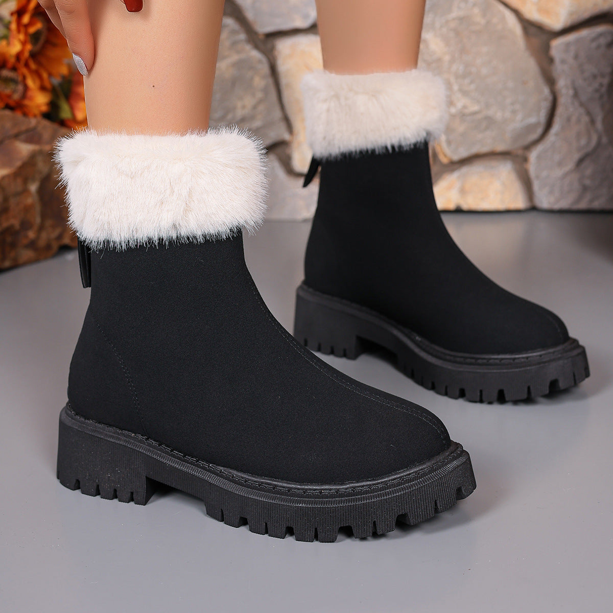 Square-heeled Snow Boots Winter Plus Velvet Platform Plush Shoes Fashion Warm Non-slip Mid-calf Boot For Women Cj