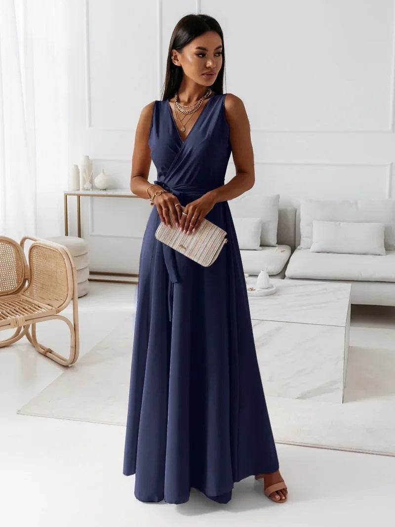 V-neck Sleeveless Dress With Belt Summer Fashion Party Club Evening Maxi Dresses For Women Clothing - terrifictrend