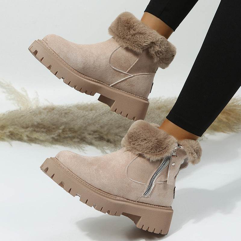Women's Snow Boots Winter Warm Foldable Plush Tube Short Boot Solid Color Round-toe Platform Shoes - terrifictrend