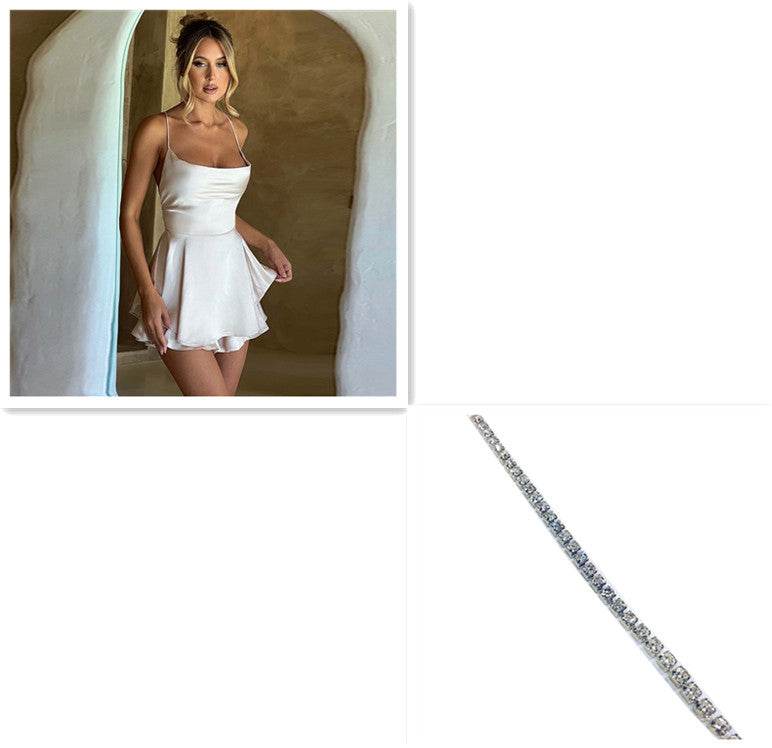 Sexy Suspender Skirt For Women Elegant Slim Strap Satin Backless Lace Up A-Line Short Dress Lady - terrifictrend
