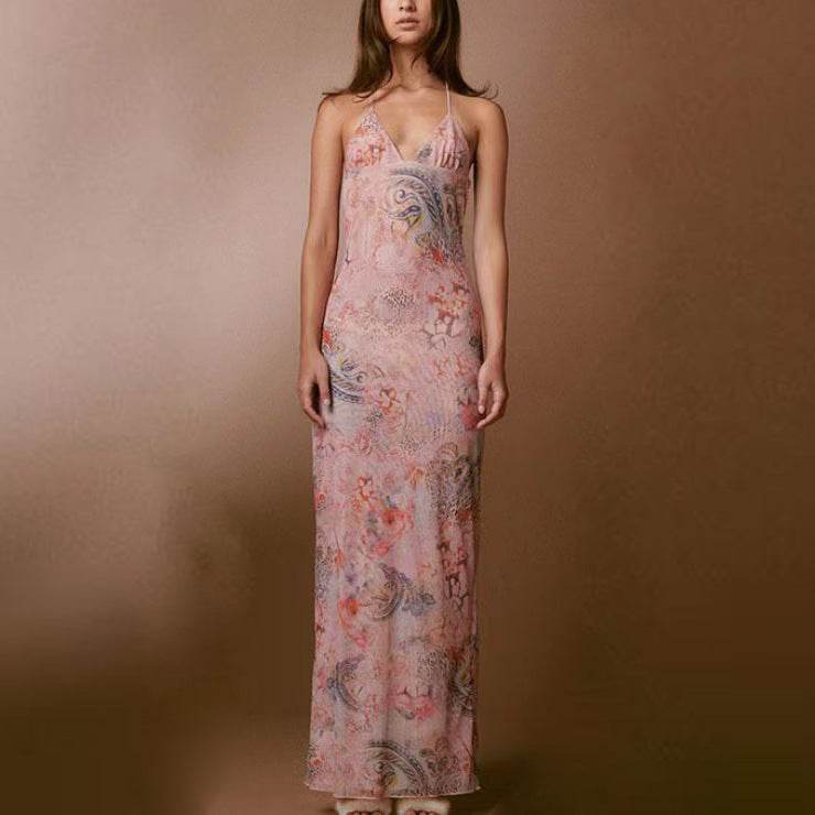 Floral Print Halter Spaghetti Straps Dress Sexy Slim Butterfly Back Dressess Spring Summer Womens Clothing - terrifictrend