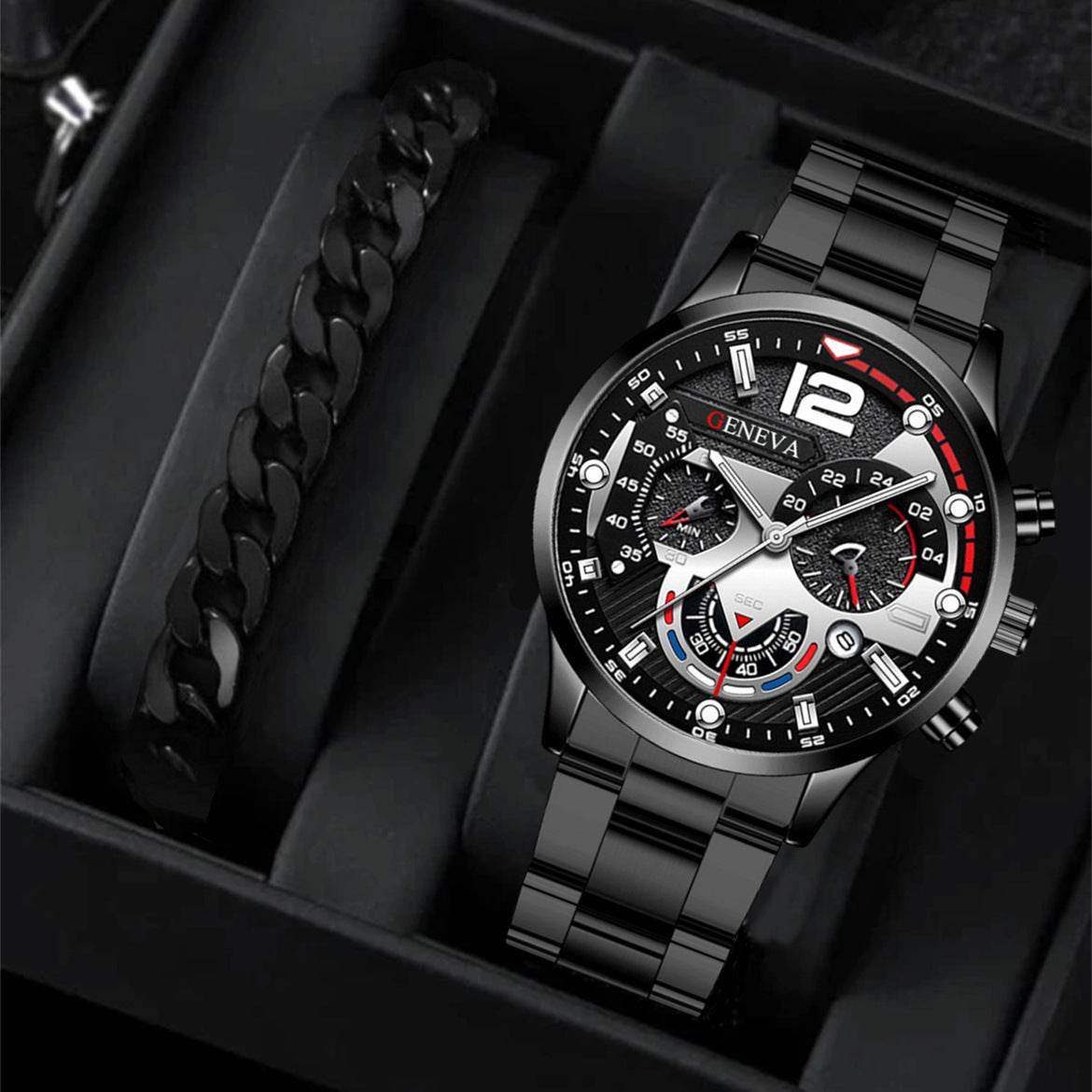 2pcs Men's New Popular Steel Strip Fashion Business Three Eye Quartz Watch Bracelet Set Valentine's Day Gifts - terrifictrend
