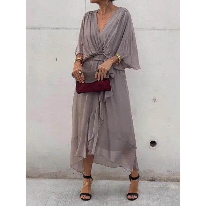 Batwing Sleeve V-neck Dress Summer Pure Color Tied Irregular Long Dresses Womens Clothing - terrifictrend