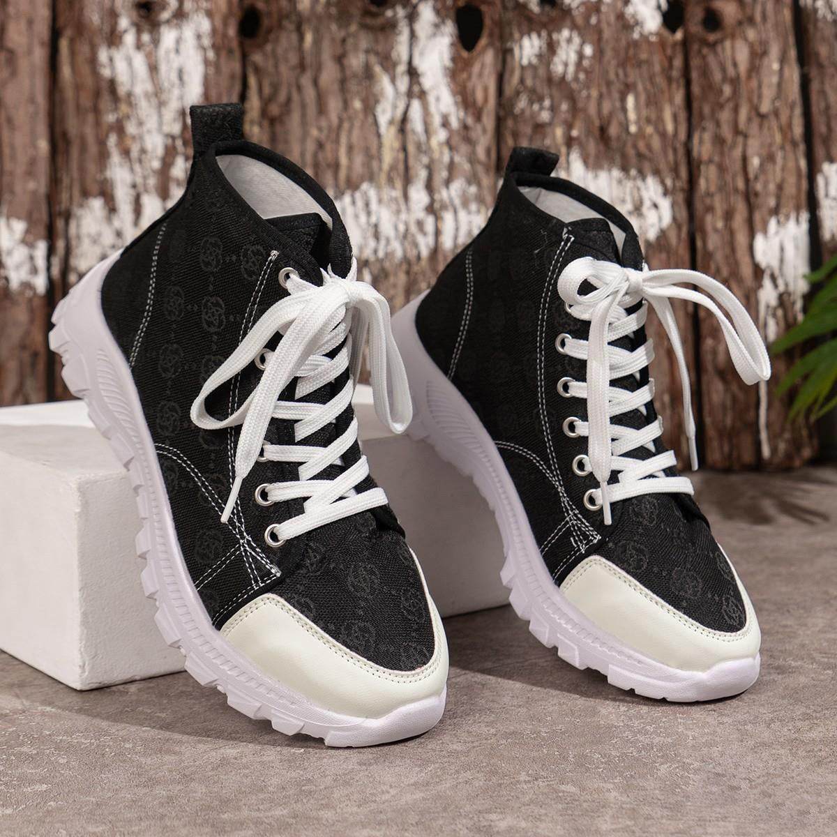 Rose-printed Lace-up Boots Fashion Breathable Canvas Shoes Sports Casual Non-slip Thick-soled Short Boot For Women - terrifictrend