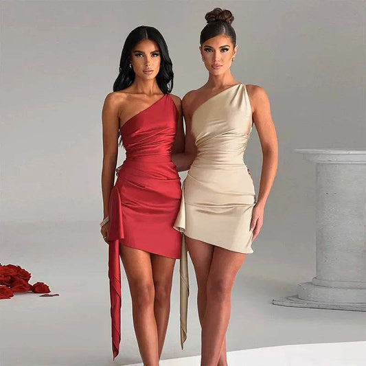 One-shoulder Sleeveless Mini Dress Sexy Slim Backless Skirt Party Wedding Dresses Womens Clothing - terrifictrend