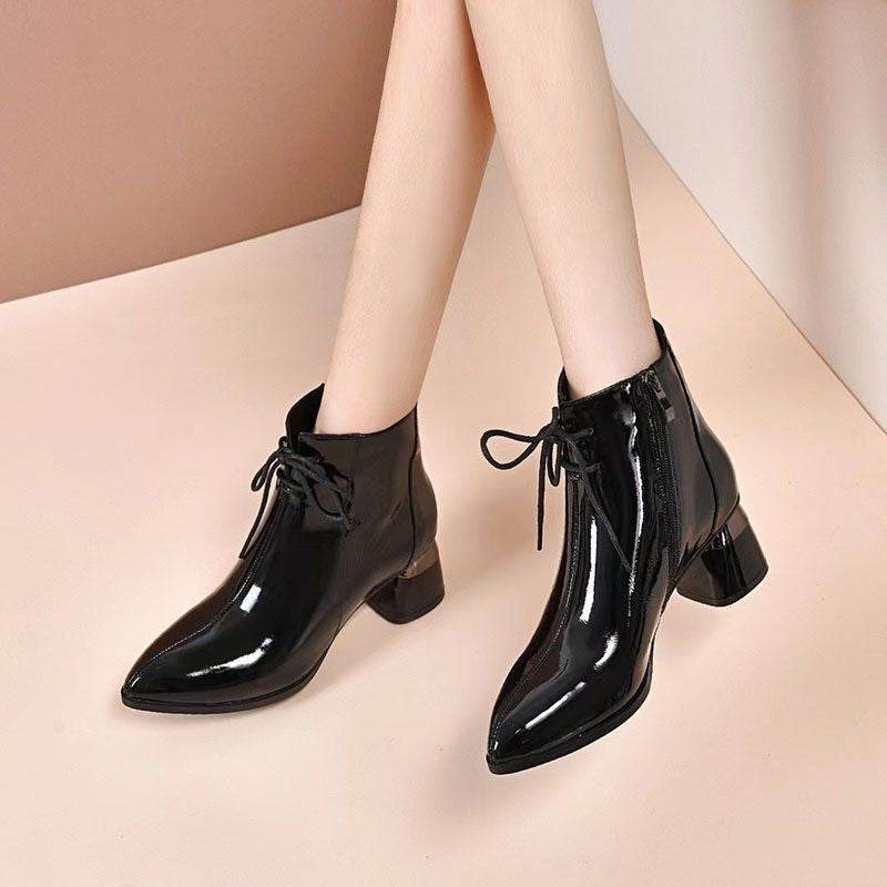 Chunky Heel Pointed Toe Mid Heel Elegant Martin Boots Patent Leather Women - terrifictrend