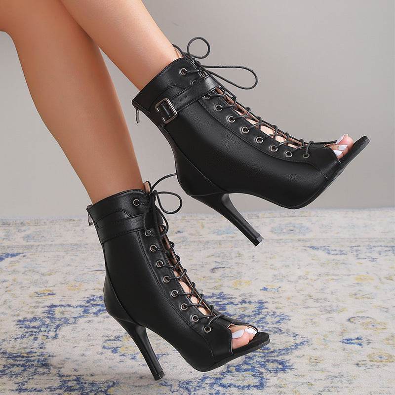 Women's Peep Toe High Heel Pumps Shoes Fashion Lace-up Buckle Sandals With Back Zipper Design - terrifictrend