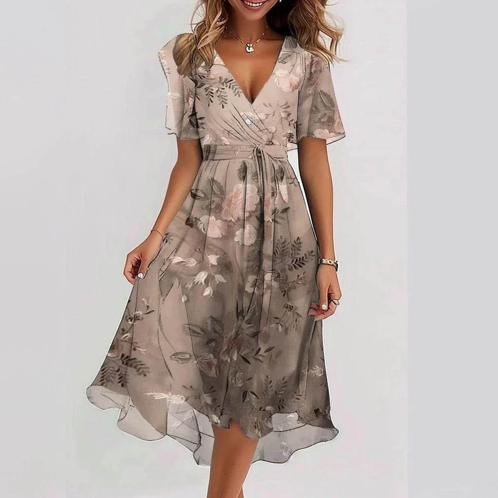 Chiffon Printed Short Sleeve Dress Summer Elegant V-neck Dresses Womens Clothing - terrifictrend