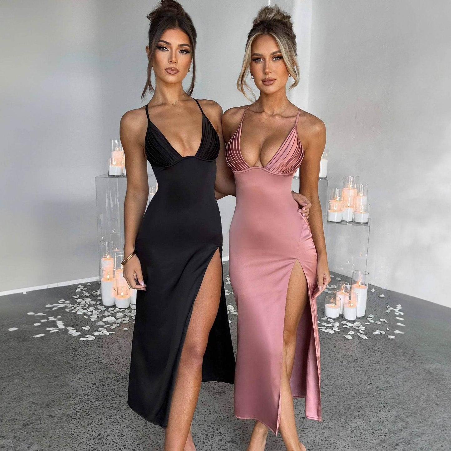 Spaghetti Strap Dress With Split Design Deep V-neck Sleeveless Backless Bodycon Party Dresses For Womens Clothing - terrifictrend