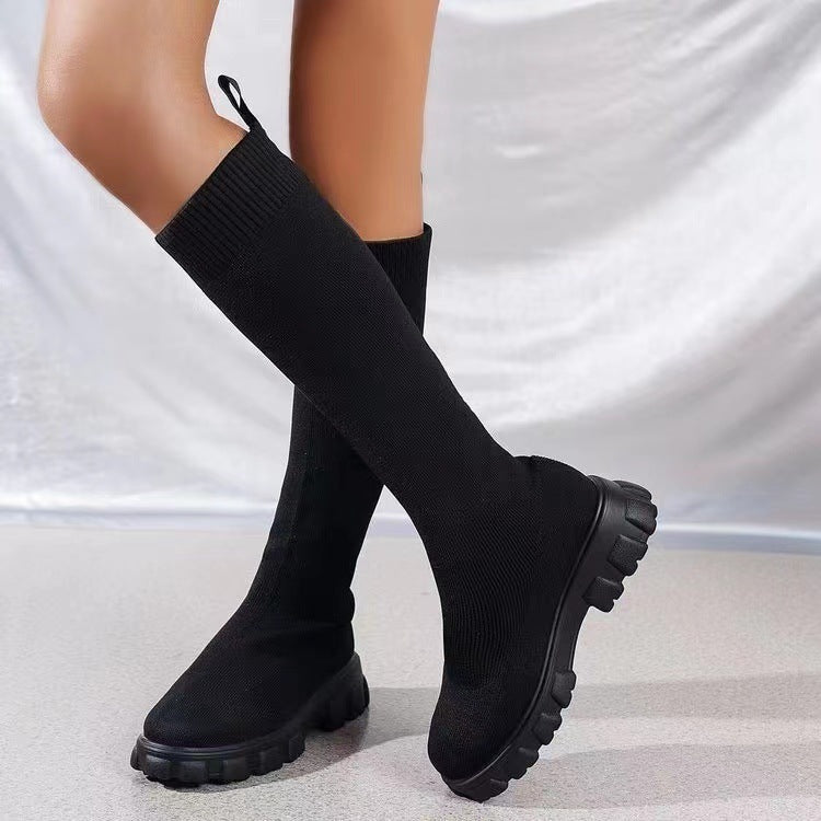 Fashion Knitted Boots Women's Flyweaving Breathable Thick-soled Skinny Boots Winter Fall Shoes Cj