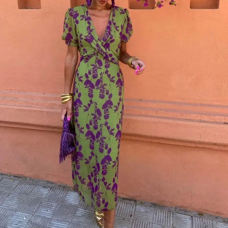 Summer V-neck Short-sleeved Dress Fashion Flowers Printed Slim Beach Dresses For Women Clothing - terrifictrend