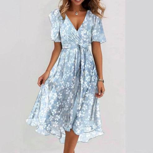 Chiffon Printed Short Sleeve Dress Summer Elegant V-neck Dresses Womens Clothing - terrifictrend