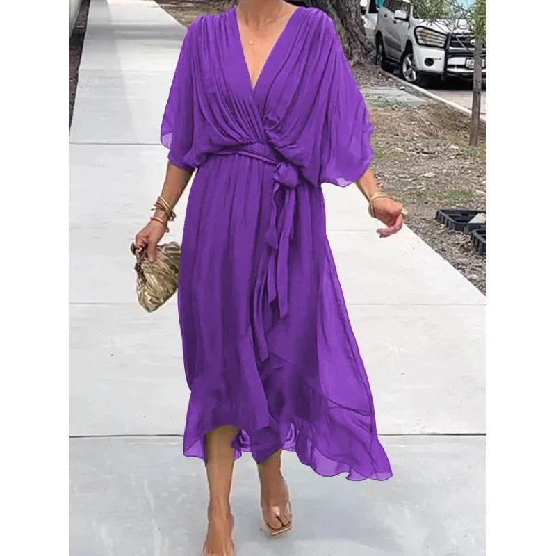 Batwing Sleeve V-neck Dress Summer Pure Color Tied Irregular Long Dresses Womens Clothing - terrifictrend