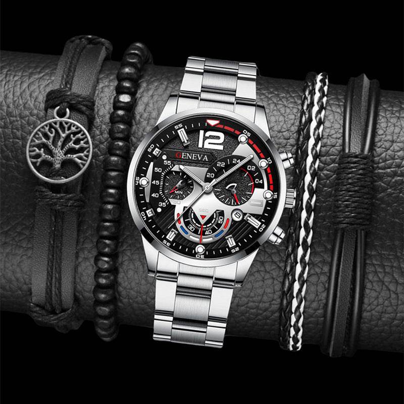 2pcs Men's New Popular Steel Strip Fashion Business Three Eye Quartz Watch Bracelet Set Valentine's Day Gifts - terrifictrend