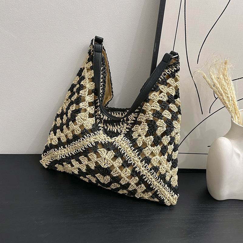 Women's Fashion Handmade Straw Woven Hollow Contrast Color Weave Shoulder Bag - terrifictrend