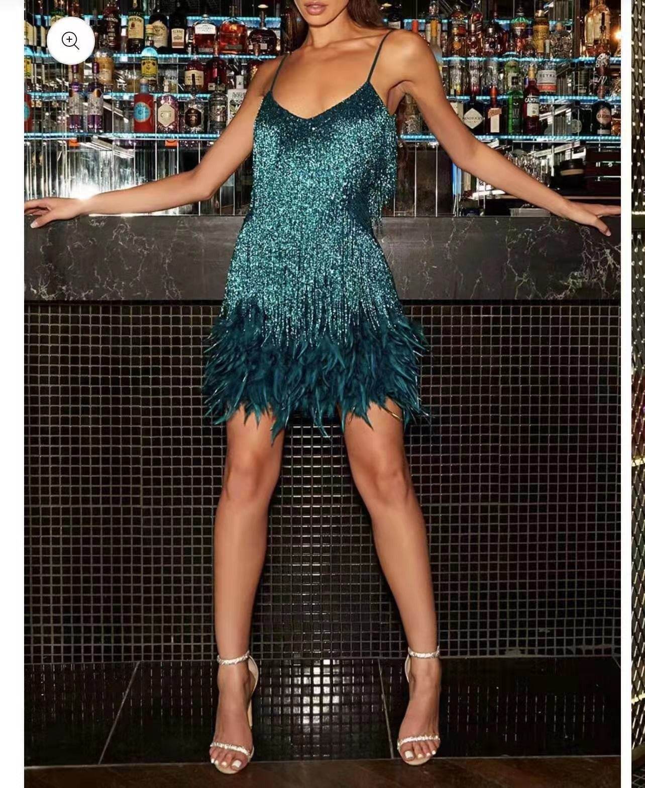 Sexy Tassel Sequins Feather Summer Mini Dress Women V Neck Spaghetti Strap Stitching Dresses Female Elegant Evening Party Club Dress - terrifictrend