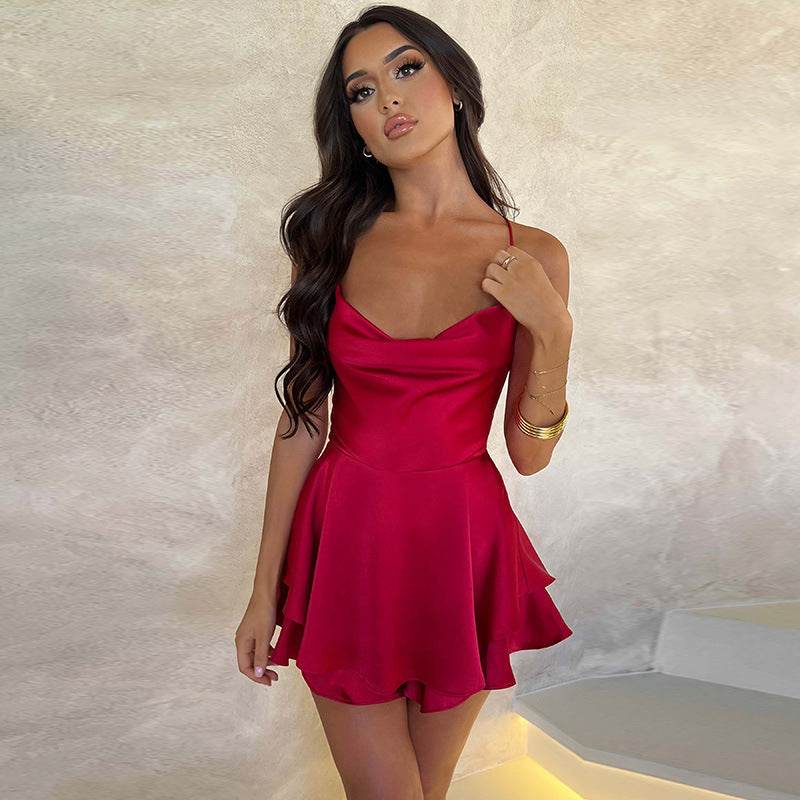 Sexy Suspender Skirt For Women Elegant Slim Strap Satin Backless Lace Up A-Line Short Dress Lady - terrifictrend
