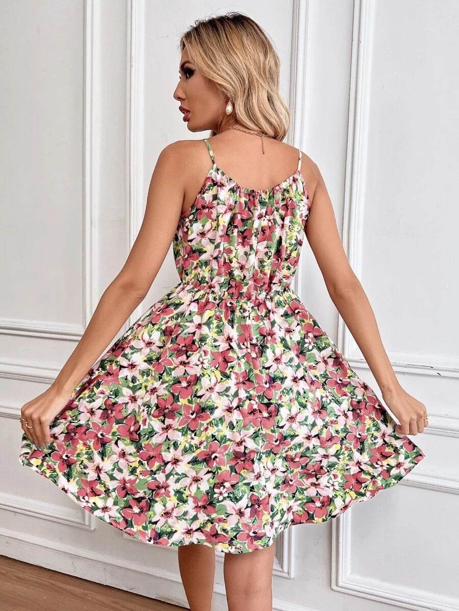 Floral Print Suspender Dress With Elastic Waist Design Fashion Summer Short Dresses Womens Clothing - terrifictrend