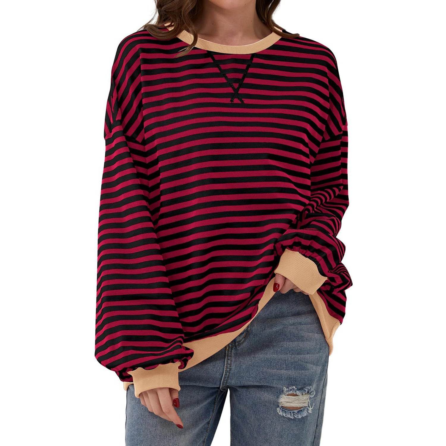 Loose Striped Long Sleeve T-shirt Casual Pullover Sweater For Womens Clothing - terrifictrend