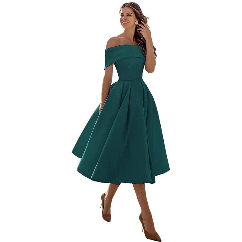 Women's Fashion Casual Strapless Satin Party Dress Off The Shoulder Tea Length Satin Prom Dresses With Pockts Formal Evening Party Dress - terrifictrend