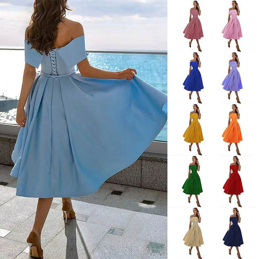 Women's Fashion Casual Strapless Satin Party Dress Off The Shoulder Tea Length Satin Prom Dresses With Pockts Formal Evening Party Dress - terrifictrend