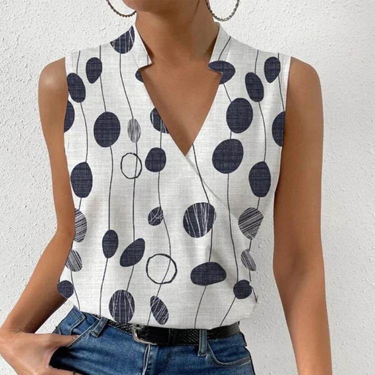 Casual Printed Tops Summer V-neck Sleeveless T-shirt Womens Clothing - terrifictrend