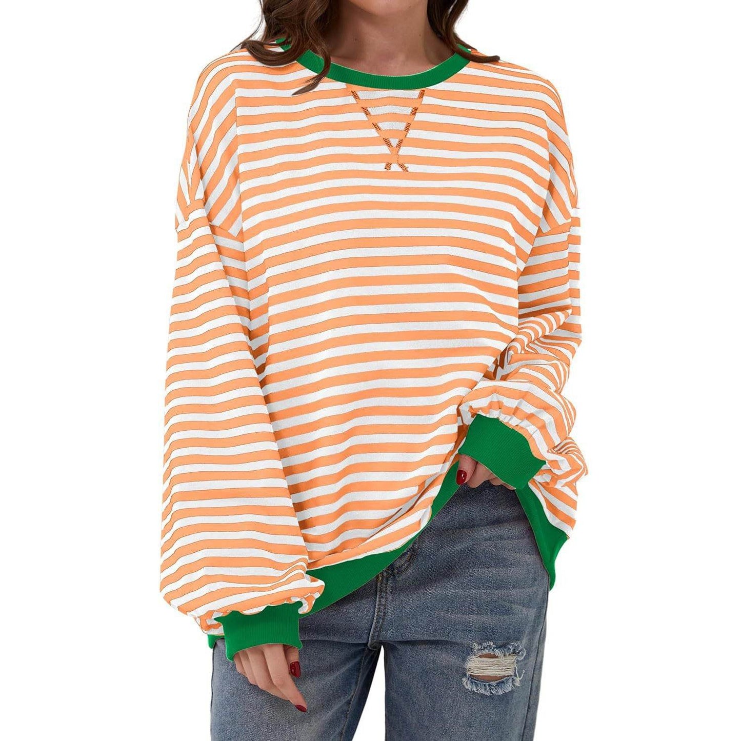 Loose Striped Long Sleeve T-shirt Casual Pullover Sweater For Womens Clothing - terrifictrend