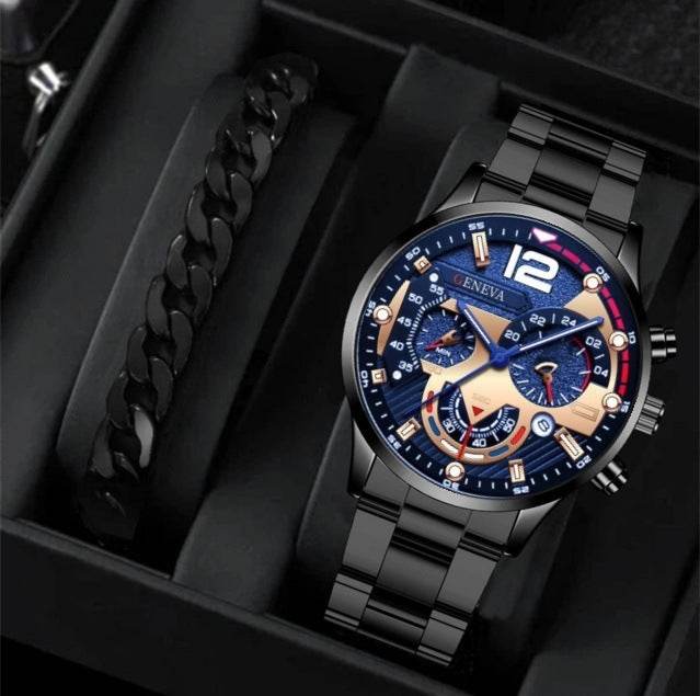 2pcs Men's New Popular Steel Strip Fashion Business Three Eye Quartz Watch Bracelet Set Valentine's Day Gifts - terrifictrend