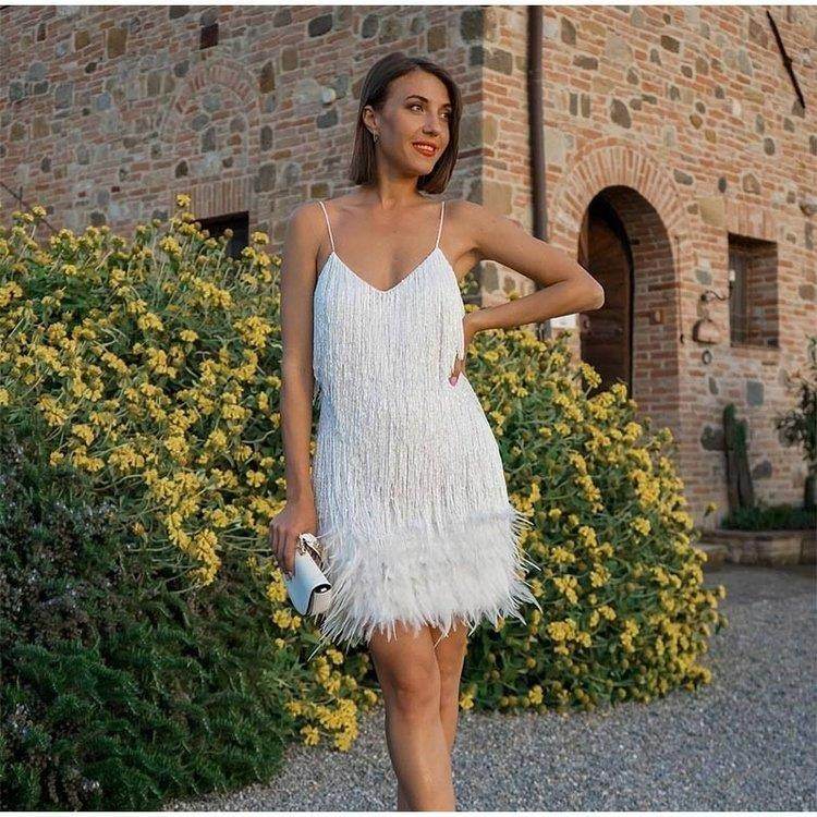 Sexy Tassel Sequins Feather Summer Mini Dress Women V Neck Spaghetti Strap Stitching Dresses Female Elegant Evening Party Club Dress - terrifictrend