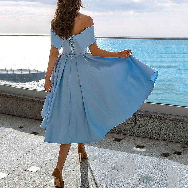 Women's Fashion Casual Strapless Satin Party Dress Off The Shoulder Tea Length Satin Prom Dresses With Pockts Formal Evening Party Dress - terrifictrend