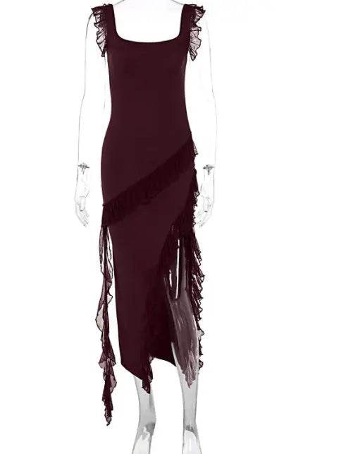 Ruffle Thigh High Split Dress Women Sexy Spaghetti Strap Square Neck Backless Suspender Dresses For Evening Praty Clothing - terrifictrend