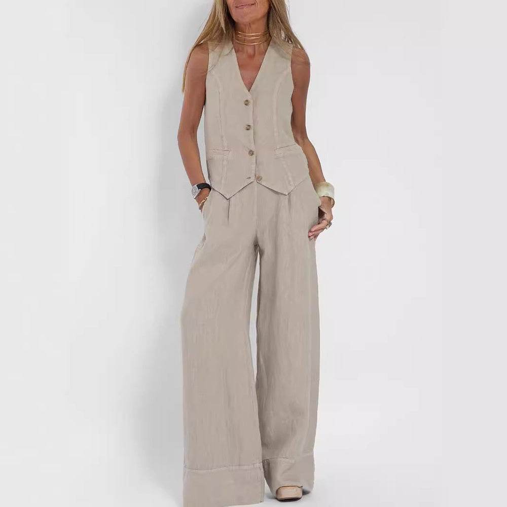 Summer Vest Suits V-neck Botton Sleeveless Top And Loose Straight Trousers Casual Womens Clothing - terrifictrend