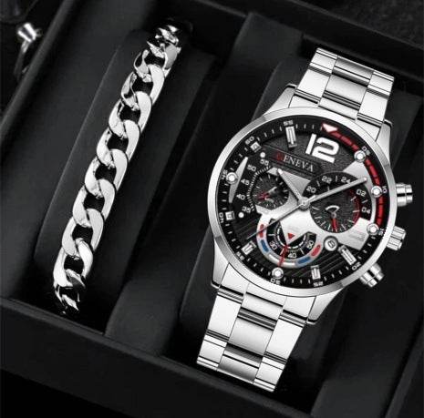 2pcs Men's New Popular Steel Strip Fashion Business Three Eye Quartz Watch Bracelet Set Valentine's Day Gifts - terrifictrend