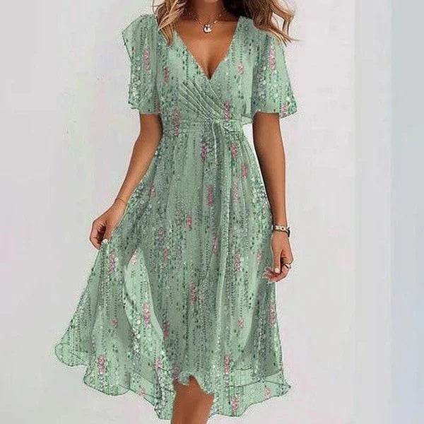 Chiffon Printed Short Sleeve Dress Summer Elegant V-neck Dresses Womens Clothing - terrifictrend