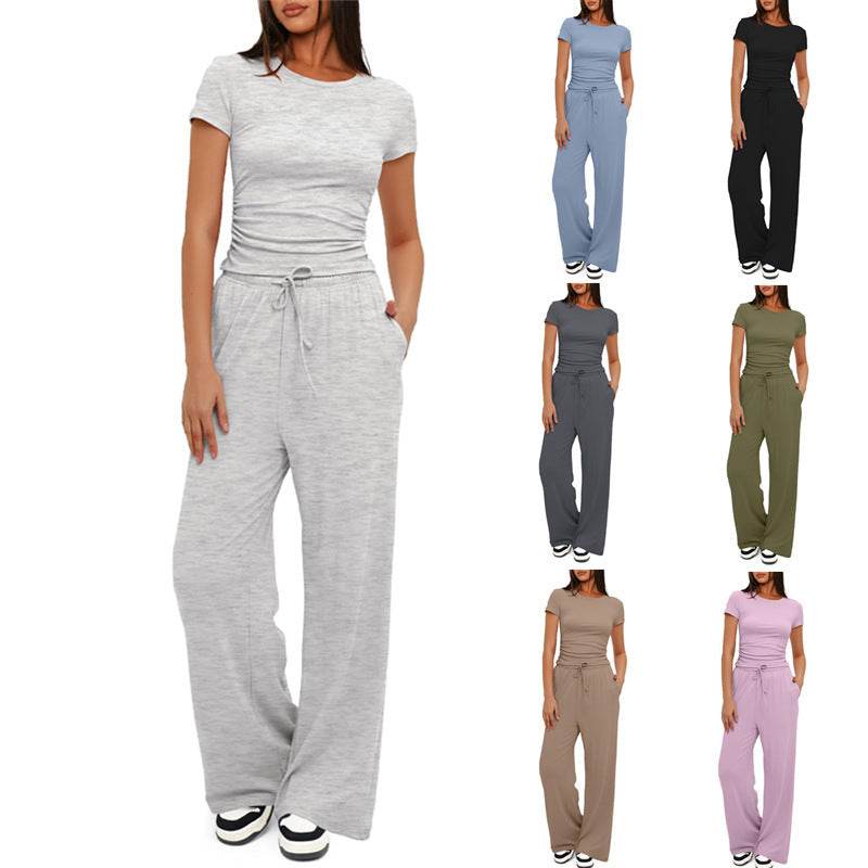 2pcs Solid Color Casual Sports Yoga Suit Short-sleeved Top And High-waisted Drawstring Wide-leg Pants Summer Fashion Set For Womens Clothing - terrifictrend