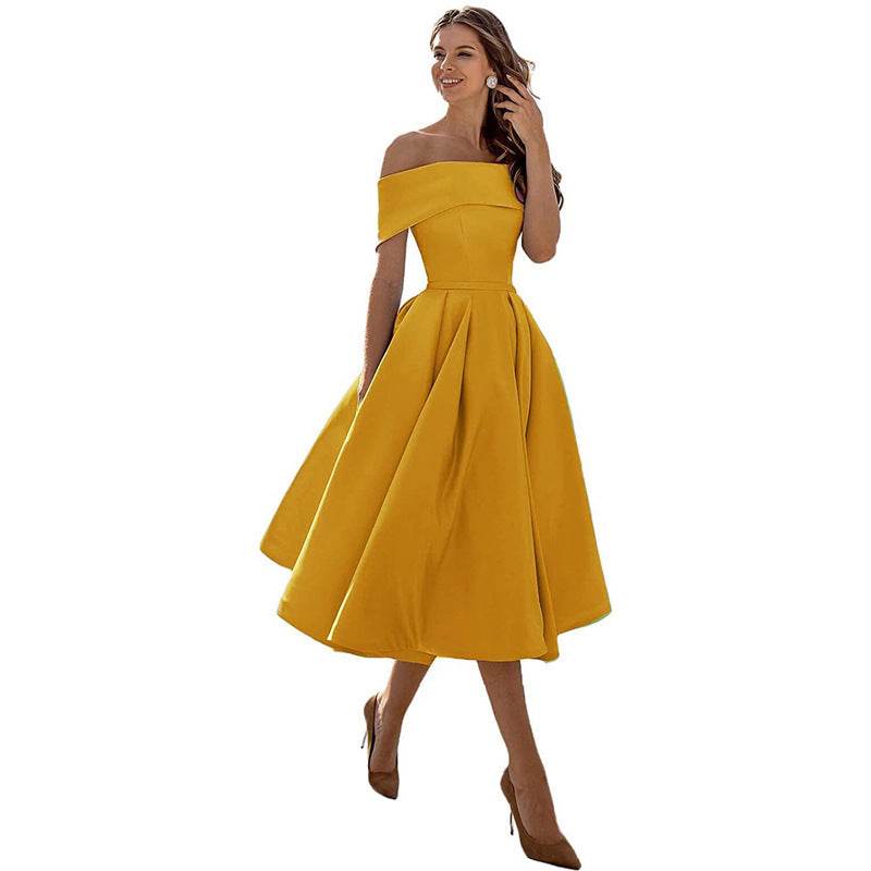 Women's Fashion Casual Strapless Satin Party Dress Off The Shoulder Tea Length Satin Prom Dresses With Pockts Formal Evening Party Dress - terrifictrend