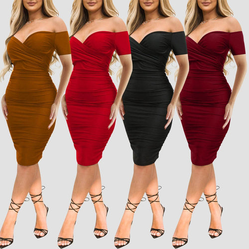 Women's Nightclub Off-shoulder Short Sleeve Dress Sexy Off The Shoulder Midi Dress Ruched Bodycon Dresses - terrifictrend